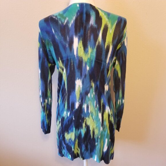 Chicos Open Front Long Cardigan Jacket Blue & Green Brushstroke Print Rayon Size - Picture 2 of 3